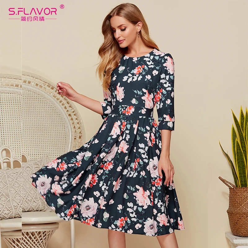 S.FLAVOR 2020 Autumn Vintage Dress O-neck Slim Female Printing Midi Vestidos Casual Женская одежда