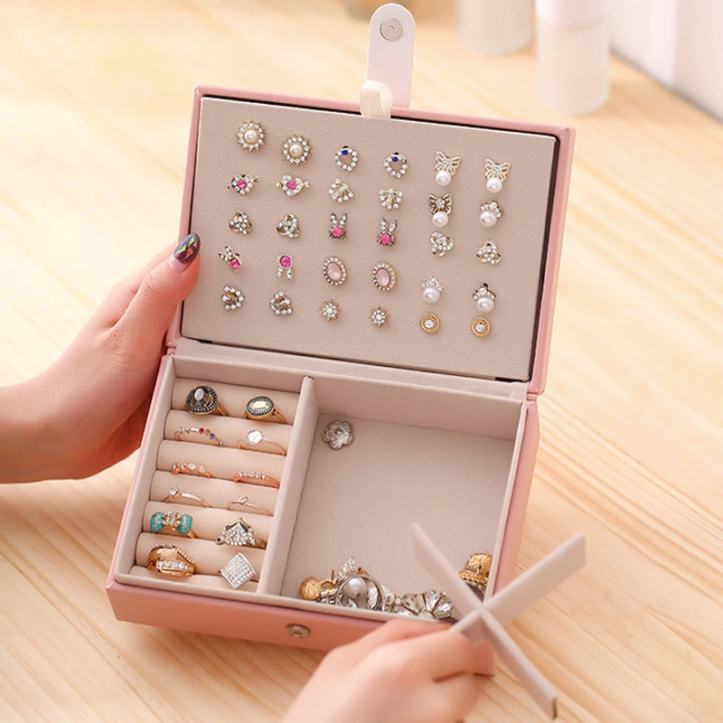 

1706 PINK Jewelry Organizer Display Travel Case Boxes Travel Portable Jewelry Box Leather Storage Organizer Earring Holder