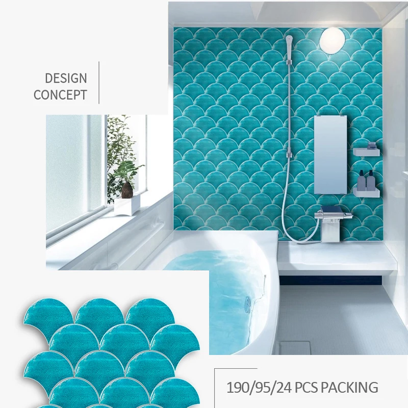 

190/95/24pcs Waterproof Tile Stickers Ocean Color Fish Scale Fan-shaped Wall Stickers Crystal Film Easy To Clean Wallpapers Art