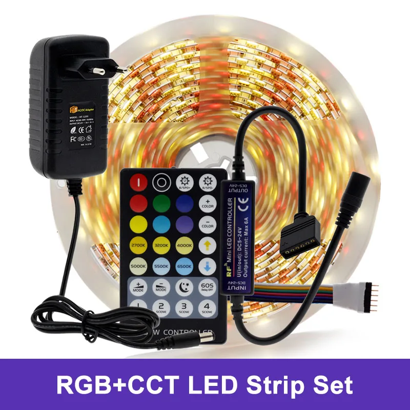 RGB Double White DC12V 5050 Светодиодная лента RGB/RGBW/RGB+ CCT/двойной белый 5 м гибкий светильник+ РЧ пульт дистанционного управления+ адаптер питания набор светодиодных лент - Испускаемый цвет: RGB Double White