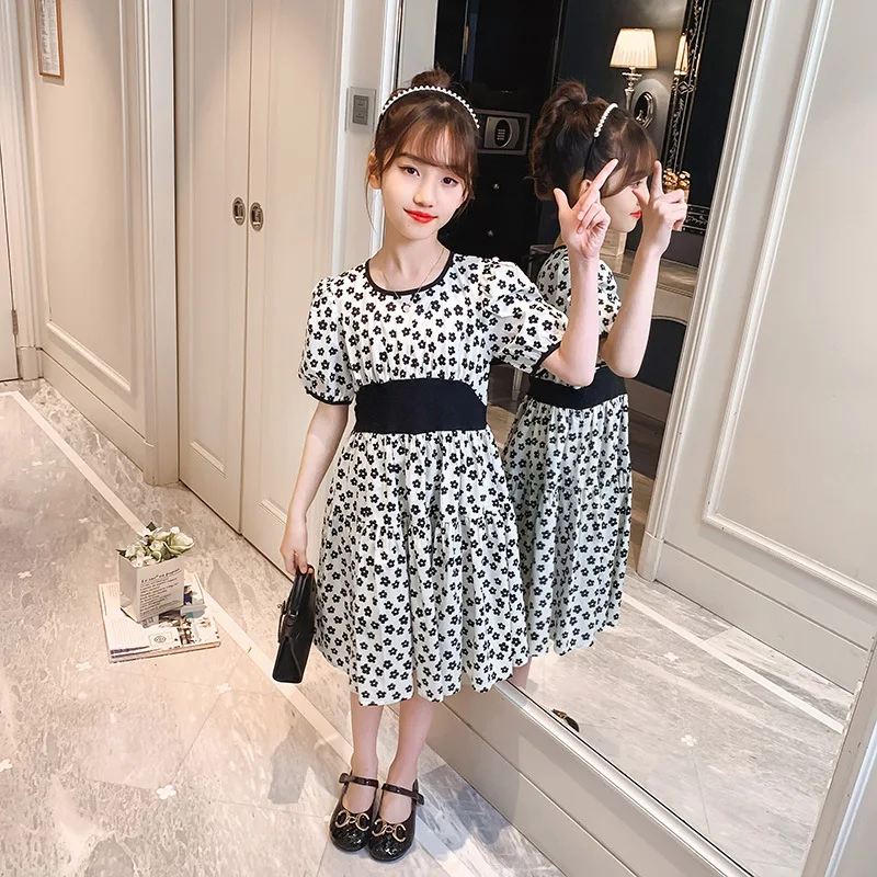 

Children Black Small Flower Girl Dresses Kids Clothes Girls Short Sleeve Slim Waist Princess Dress Fashion Casual Summer Dress