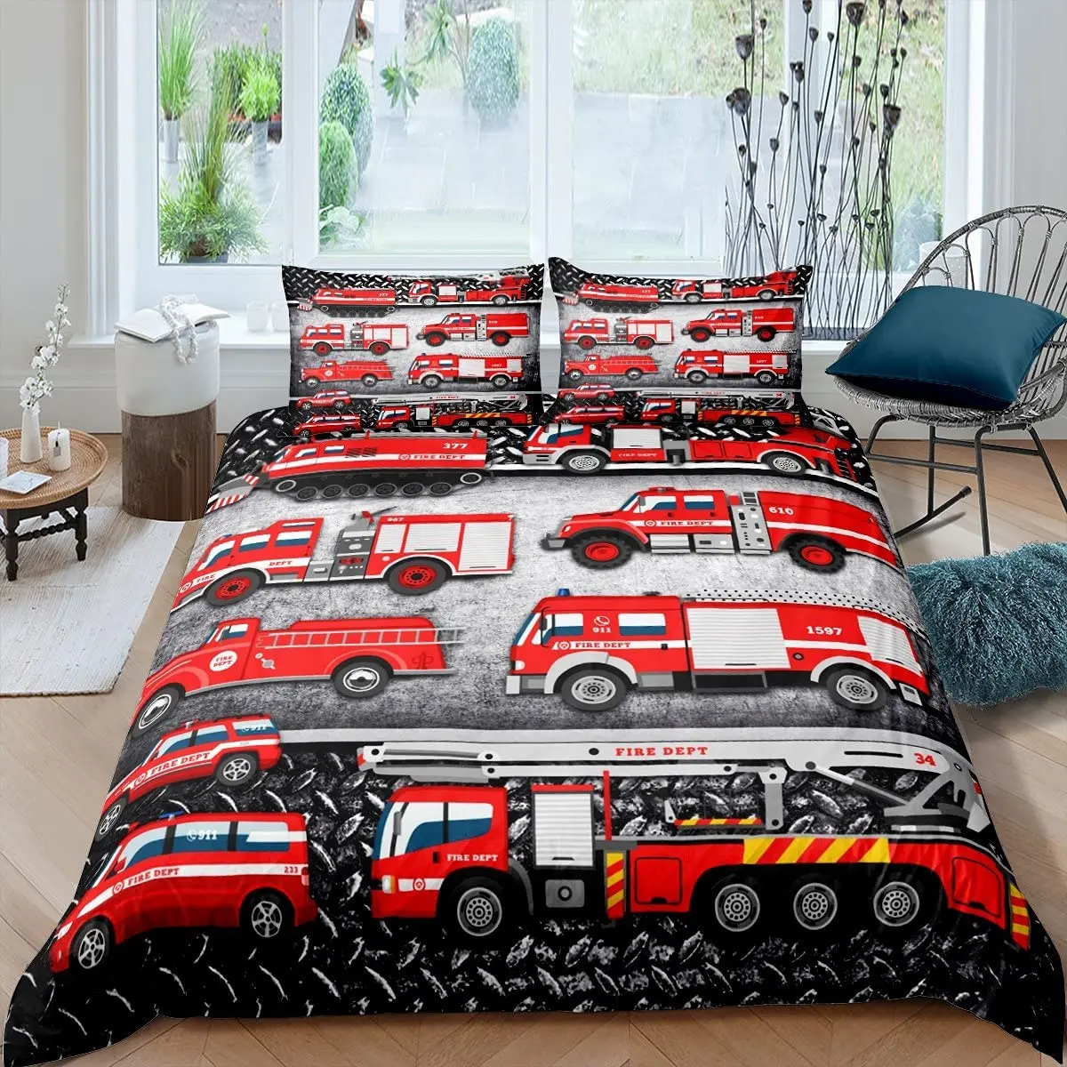

Fire Truck Bedding Set Twin Size,Red Firemen Car Vehicle Duvet Cover Fire Engine Pattern Bed Comforter Cover