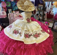 amazing hot pink sweetheart bodice medallions 3d floral applique embroidery tiered skirt charro quinceanera ball gown vestidos