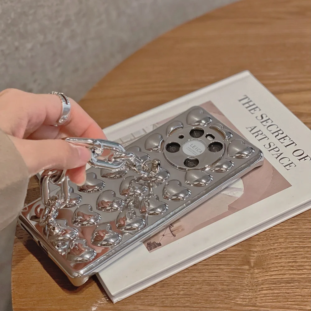 

Fashion 3D Love Heart Wrist Chain Case For Huawei P40 Pro Nova 7 8 Mate 30 40 Bracelet Lens Protection Shockproof Soft TPU Cover