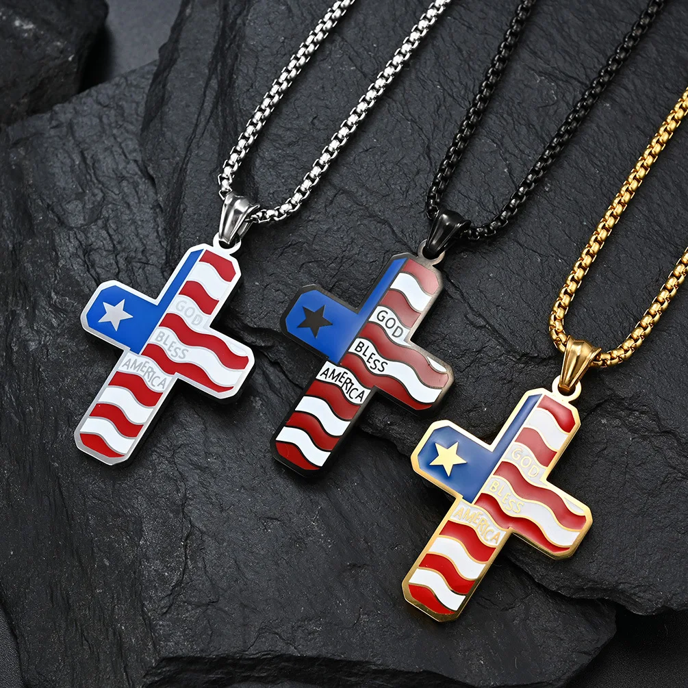 

European And American Fashion Star Spangled Banner Titanium Steel Cross Pendant Plated 18k Gold Men's Personality Necklace