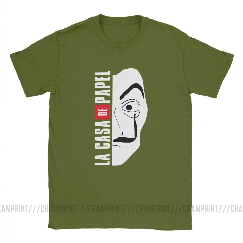 Army green La Casa De Papel маска Мужская футболка Money Heist Винтаж хлопок House Of paper футболки с круглым вырезом футболки размера плюс Топы - Color: Army green