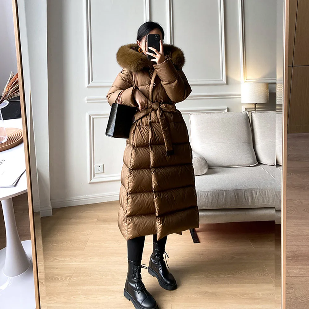 

New Women's Long White Duck Down Jacket Parka Women's Big Fur Collar Slim Outwear Female Thickening Warm Waterproof Coat
