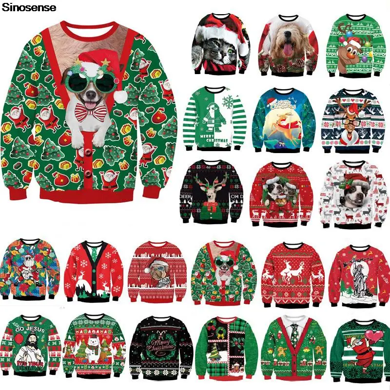 

Men Women Christmas Tree Gifts Dog Santa Sweater 3D Funny Printed Autumn Crew Neck Sweatshirt Couple Pullover Xmas Jumpers Tops