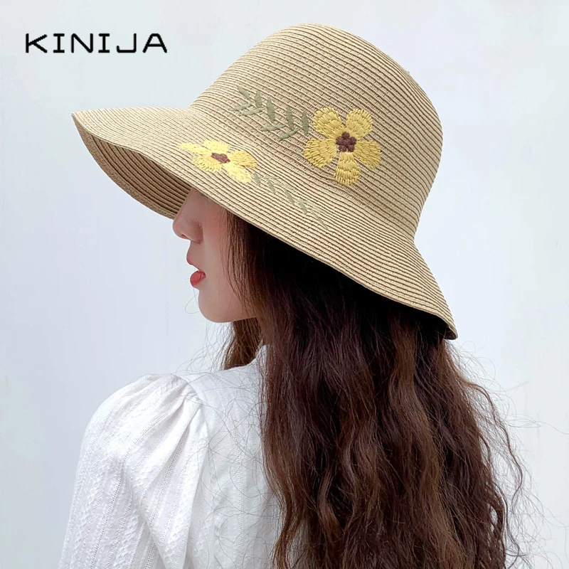 Женская соломенная шляпа с цветочной вышивкой Пляжная складная от солнца УФ