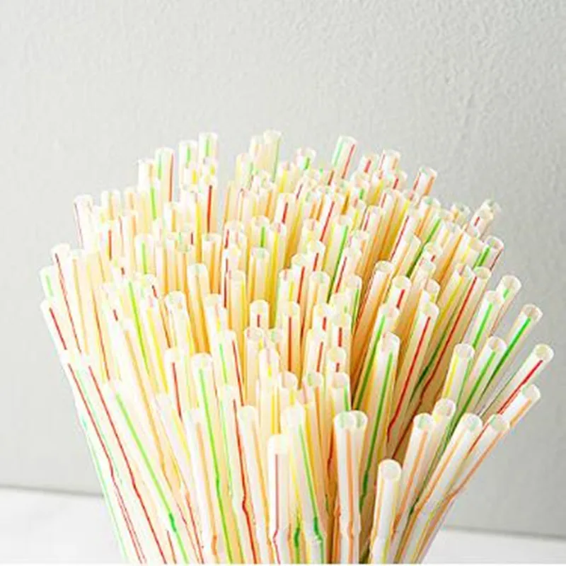 

200pcs Plastic Disposable Drinking Straws Multi-Color Milk Tea Beverage Striped Bendable Straws Celebration Party Supplies