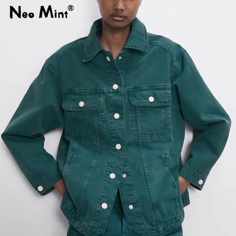 Женская джинсовая куртка модная повседневная Свободная бойфренд зеленого цвета