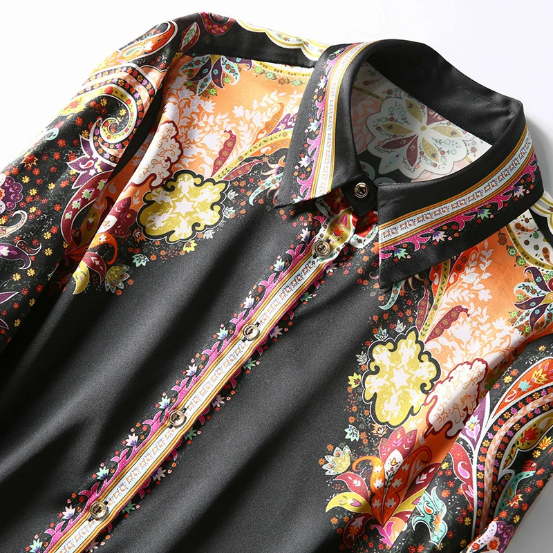 

19 Momme Real Silk Women's Satin Shirt Elegant Turn-down Collar Long Sleeve Spring Autumn Office Lady Floral Print Blouse Tops