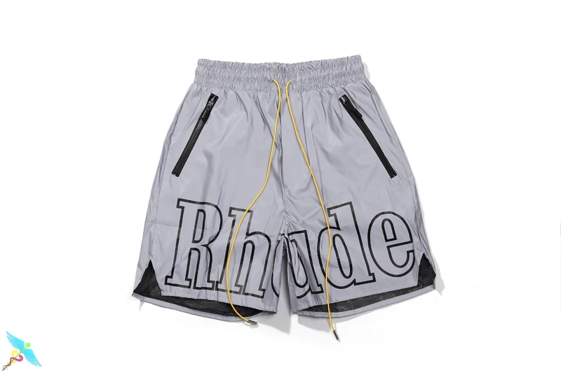 

RHUDE Pants Men Women Summer Fashion Casual Reflective Letter Print Quality High Street Joggers Knee Length Pant Harajuku