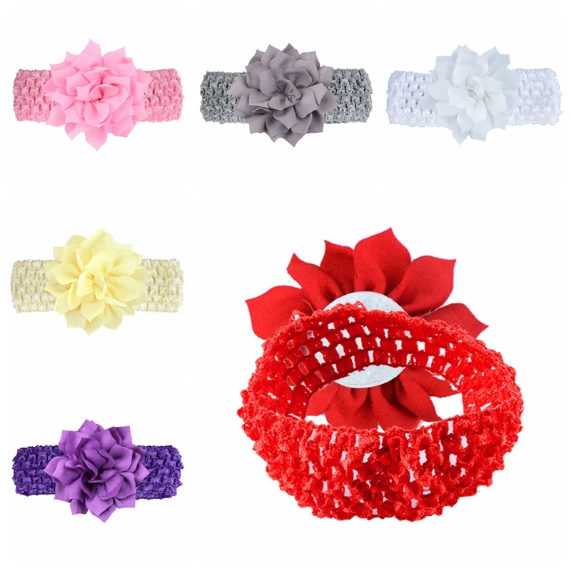 

13 Colors 9 CM Multilayer Lotus Flower Hairband Children Knitted Elastic Headband One Hundred Days Baby Photography Headwear