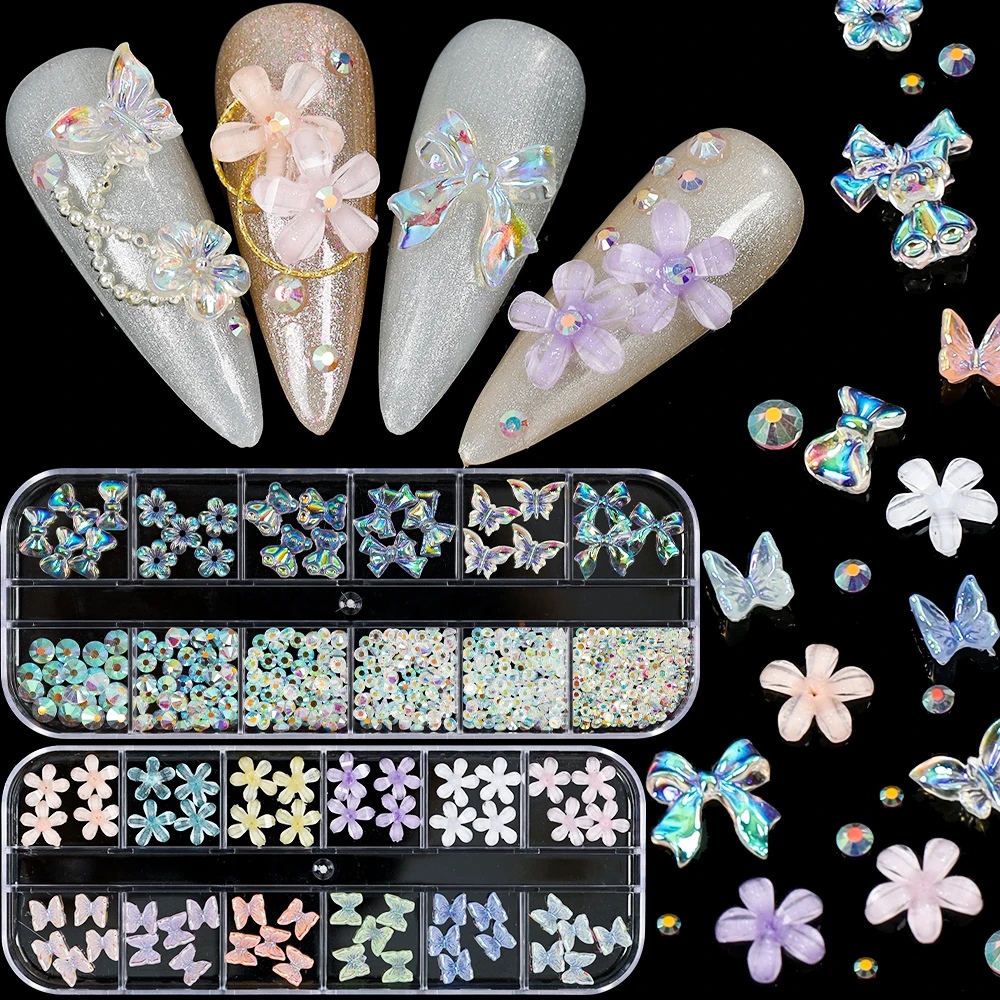 

1 Box Mixed Shape Nail Art Decorations Rhinestones Flower Butterfly Bow Charms For Fake Nails Accesoires Supplies Manicure Set