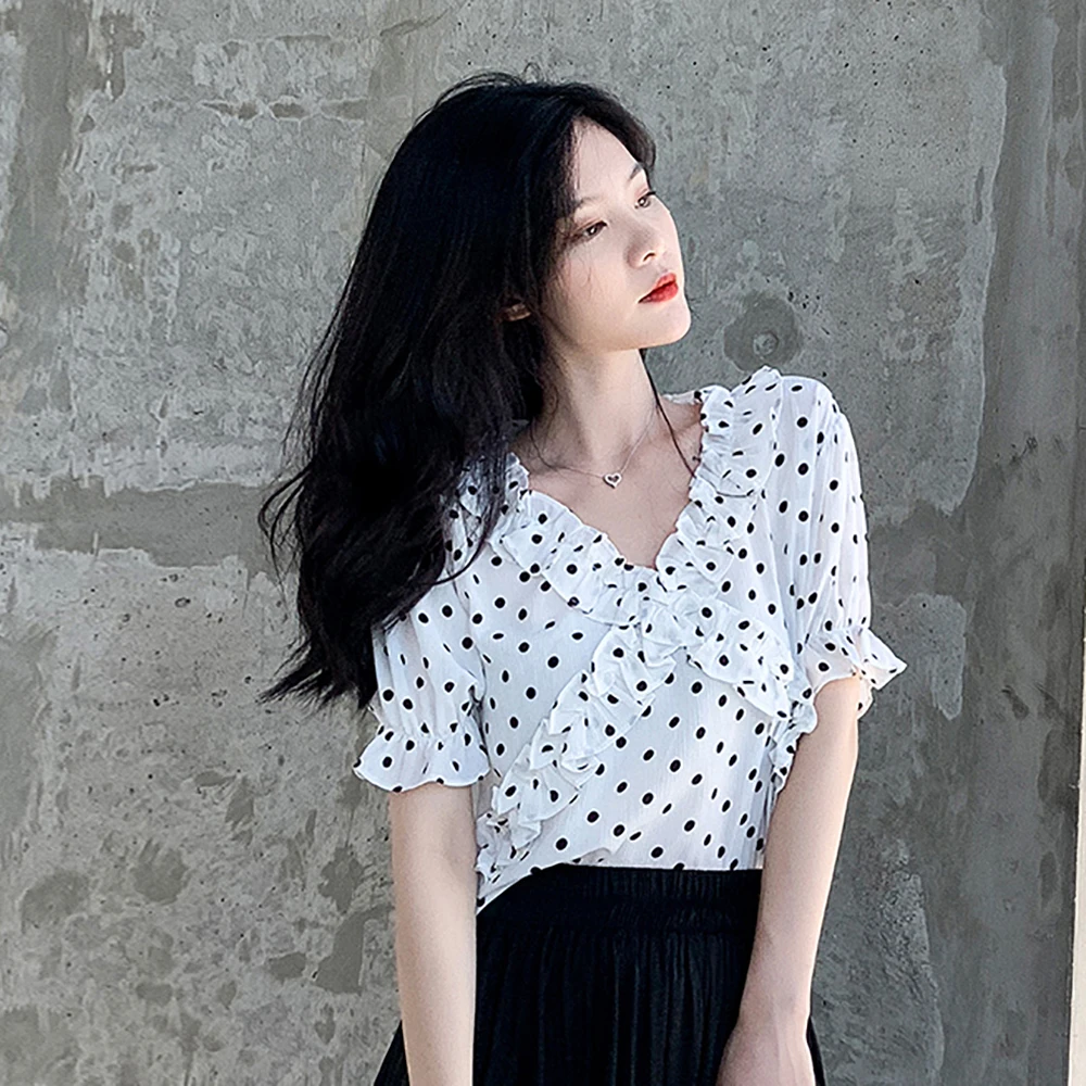

Women Polka Point Flounces Short Sleeve Chiffon Blouse Temperament V-Neck Summer Shirt