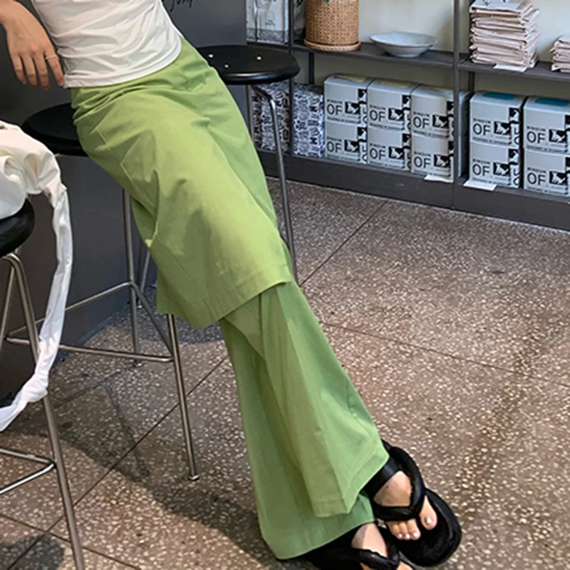 

IEQJ 2021 Spring Summer New Design Sense Green All Match Fashion Loose Straight Casual Fake Two Split Pants Women 3F0680