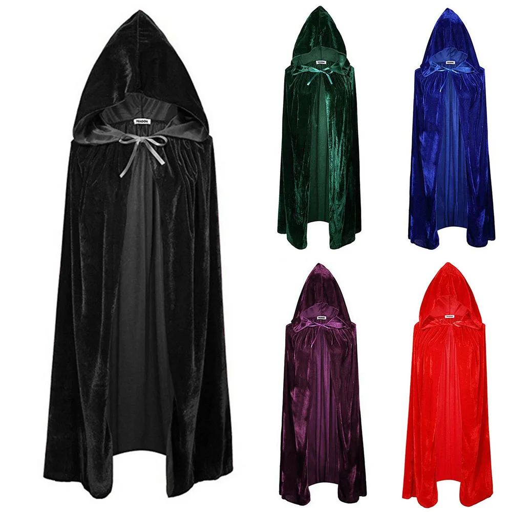 

2021 Adult Kids Halloween Cosplay Sorcerer Witch Middle Ages Velvet Cloak Cape Hooded Medieval Costume Witch Wicca Vampire Elf P