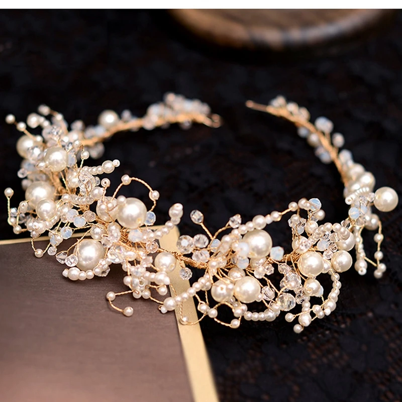 

Bride Jewelry Set Headdress New Crown Earrings Wedding Super Fairy Veil Hair Accessories Pearl Headband Handmade Beads Headwear