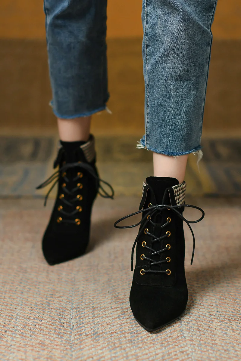 Beli Osunlina Sepatu Bot Pergelangan Kaki Modis Buatan Tangan Anak Penuh Hak Tipis Ujung Lancip Sepatu Bot Pendek Elegan Seksi Renda 2021 Musim Gugur Musim Dingin