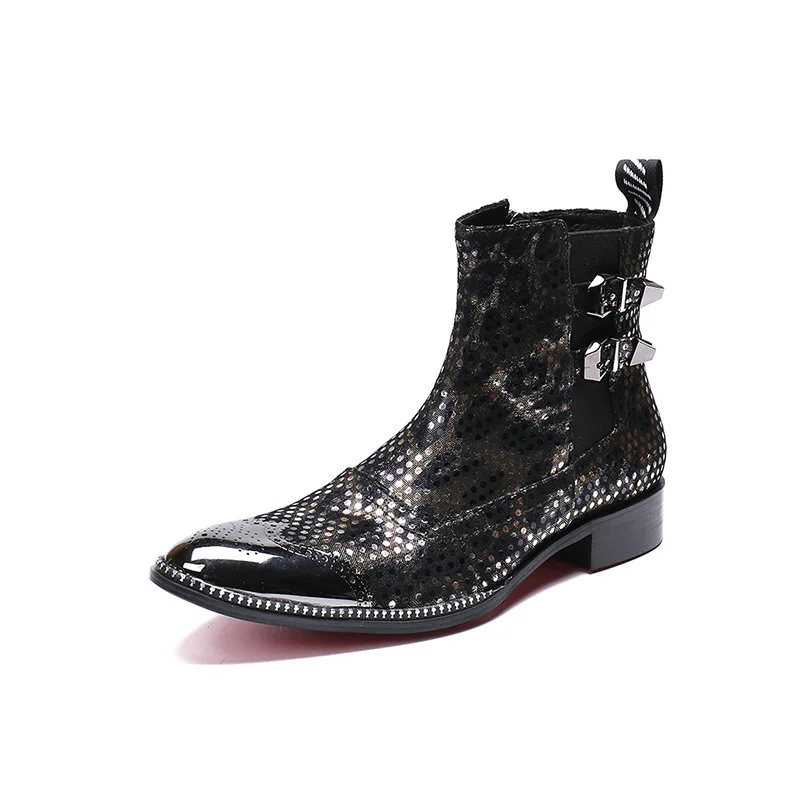 

Luxury Handmade Men Boots Pointed Iron Toe Men's Leather Ankle Boots Black Rock Party and Wedding Footwear Botas Hombre