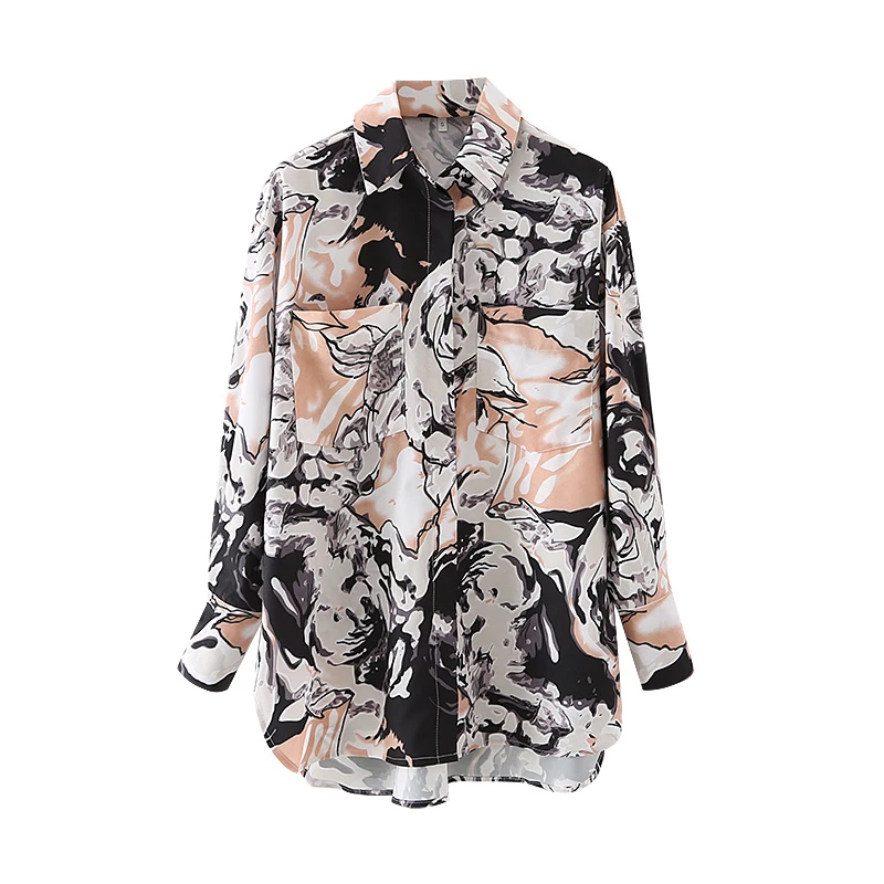 

ZXQJ Streetwear Women Abstract Print Shirts 2021 Fashion Ladies Turn Down Collar Tops Causal Female Chic Pocket Long Blouses
