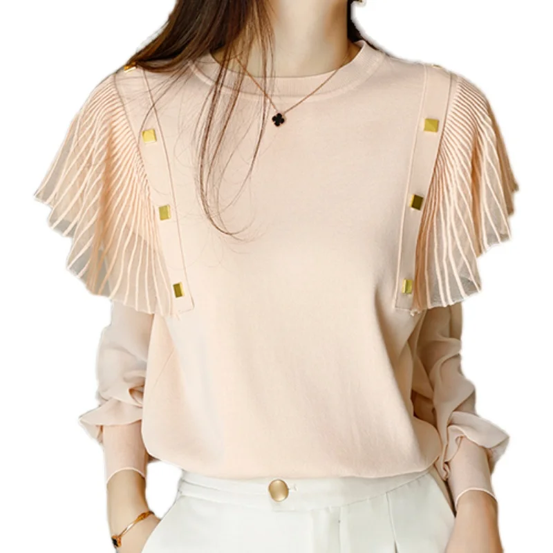 

sweet pink sweaters women autumn chiffon sleeve knitted pullovers woman vintage sweater