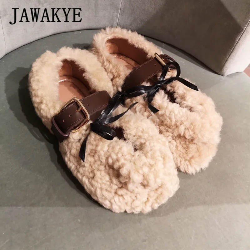 JAWAKYE новая зимняя одежда из шерсти на плоской подошве с мехом; туфли с ремешком на лодыжке, женские Балетки с круглым носком; туфли на плоской подошве, платформа, вьющиеся мех ягненка; лоферы; обувь; zapatos mujer - Цвет: Rice white