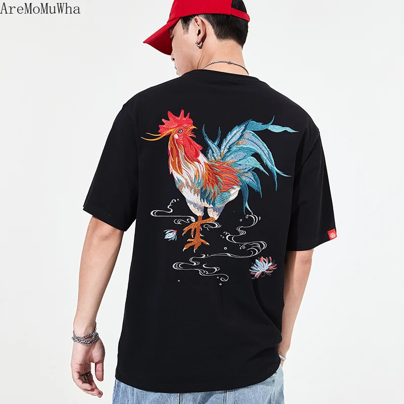 

2021 Summer New Style Yokosuka Chinese Style Embroidered Rooster Couples Cotton T-shirt Loose Trend Short-sleeved T-shirt Men