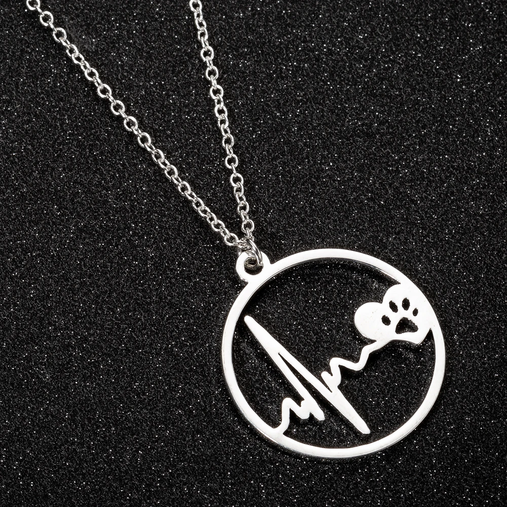 

Hfarich Unique Circle Irregular Heartbeat Heart Necklaces Women Stainless Lovely Dog Cat Paw Choker Jewelry Collares