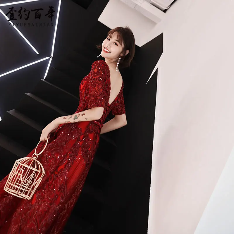 Женское платье с блестками красное вино для невесты свадьбы новый стиль