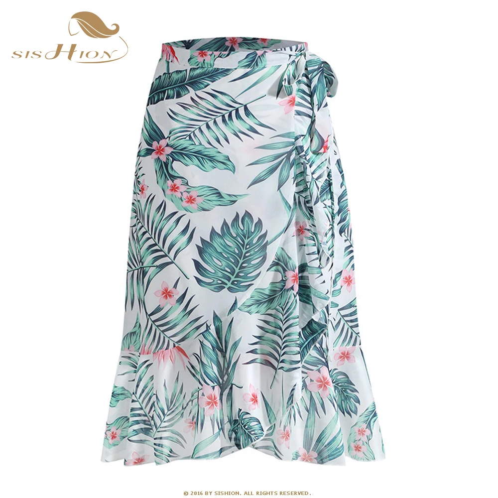 

Женская длинная юбка с цветочным принтом SISHION Sarong VD2096 2021, летняя пляжная юбка Бохо с оборками и лямками