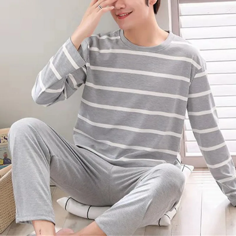 

2021 Summer Casual Striped Cotton Pajama Sets for Men Short Sleeve Long Pants Sleepwear Pyjama Male Homewear Lounge Wear Clothes