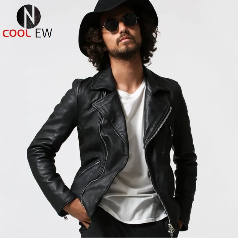 

Top Brand Classic Mens Slim Fit Sheepskin Genuine Leather Jacket Biker Zipper Punk Short Coat Motorycle Chaqueta Cuero Hombre