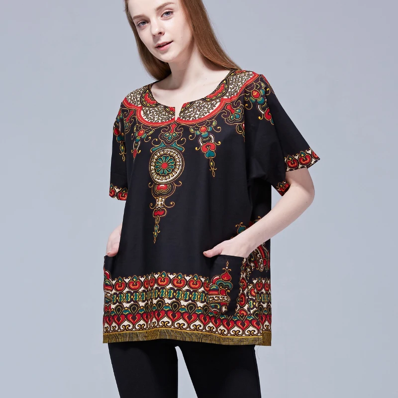 Хип хоп Boho Топы унисекс черный этнический винтажный африканская Дашики с принтом