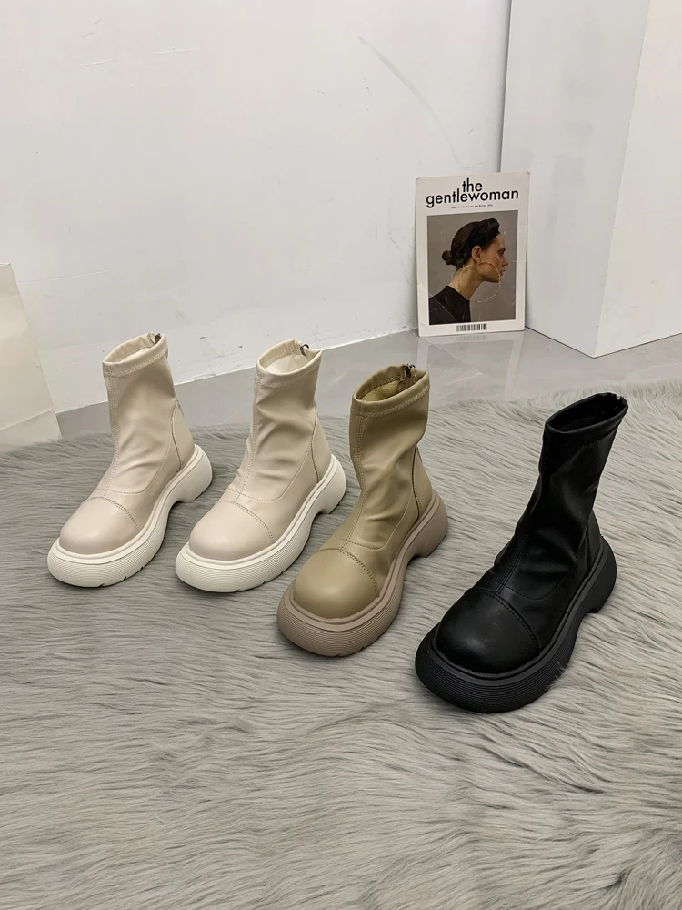 

Женские ботинки с круглым носком, прорезиненные ботинки до середины икры, без застежки, в римском стиле, осень 2021