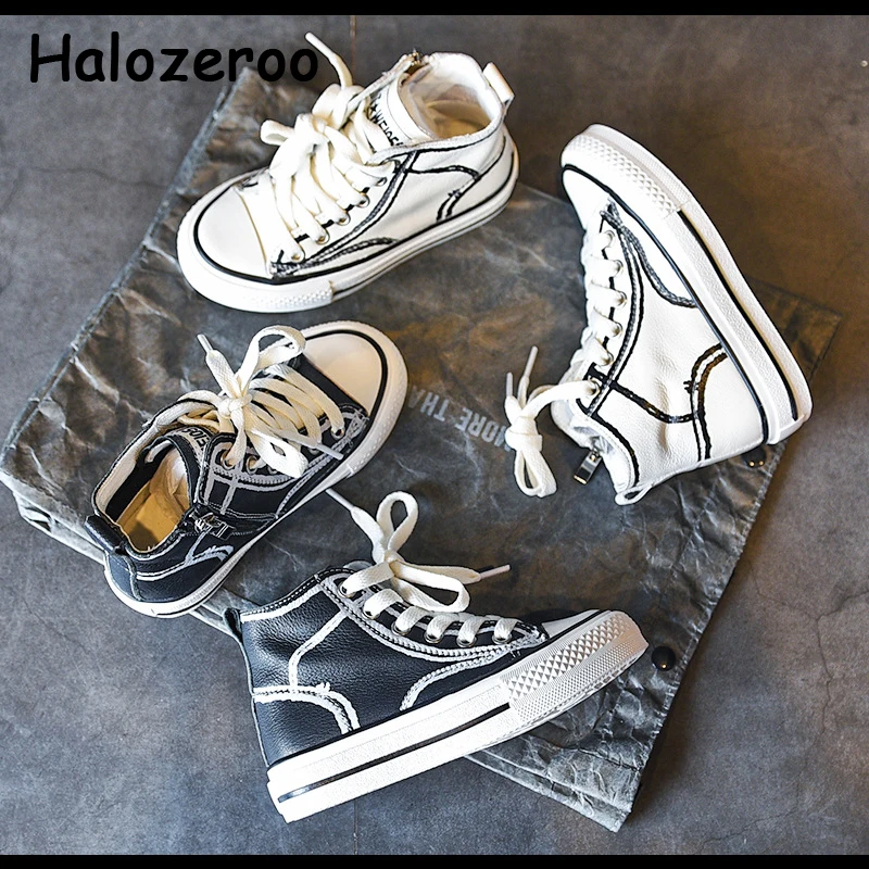 

Кроссовки детские кожаные, брендовая повседневная обувь для мальчиков и девочек, высокие спортивные, массивные, черные, на осень