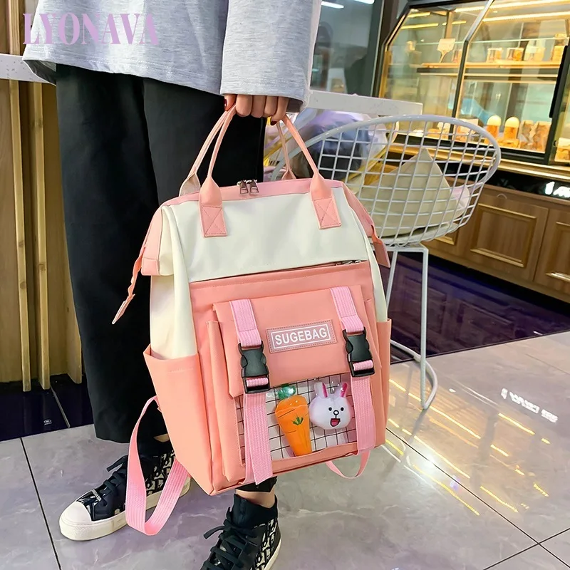 

2021 Women Laptop Backpack Set Harajuku Canvas School Bags For Teenage Girls Kawaii College Student Kids Book Bag Rucksack