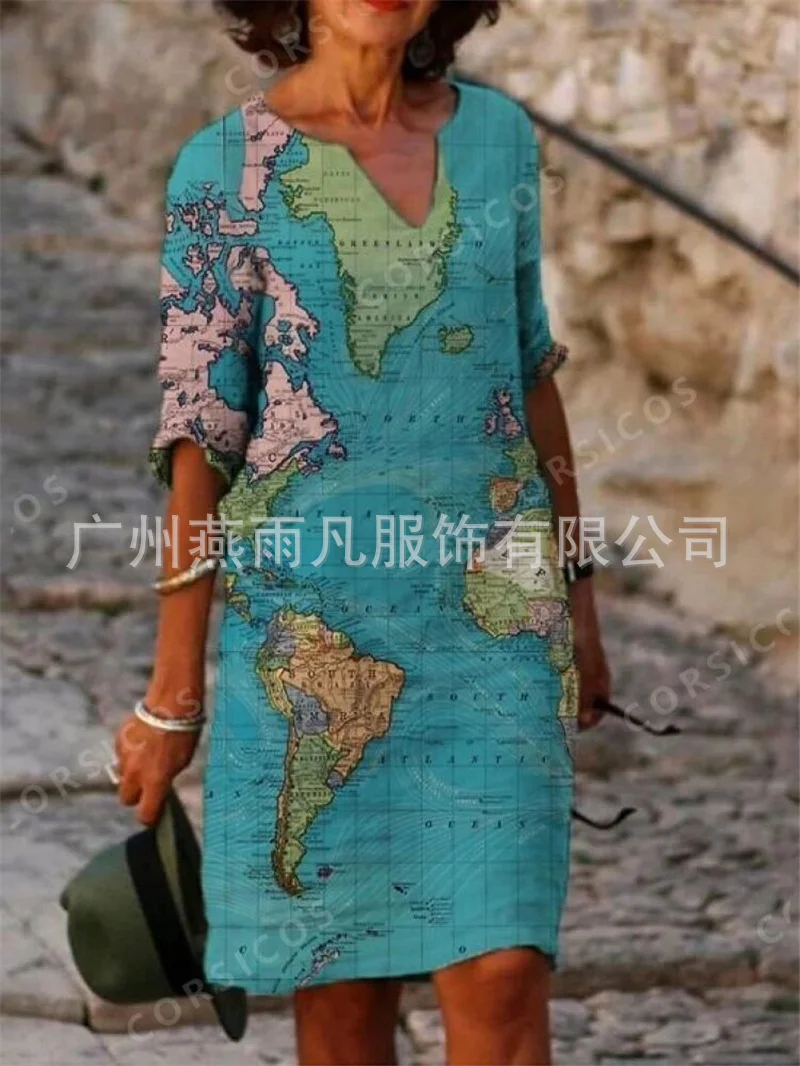 

2021 V-neck mid sleeve fashion print dress 9233#