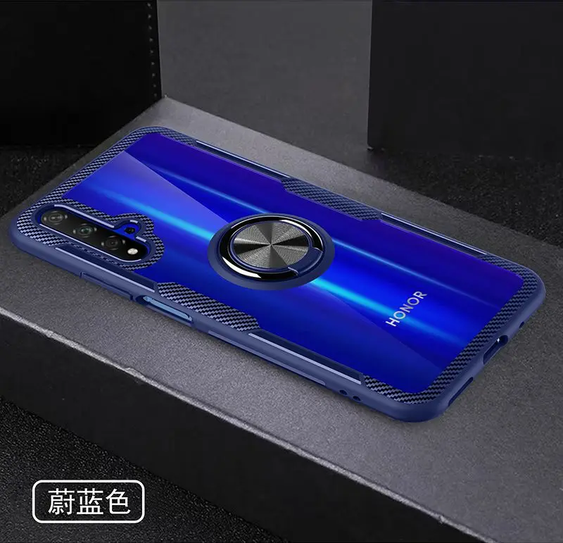 Чехол для huawei honor 20, чехол для honor 20 Pro с магнитной опорой, кольцевой чехол для honor 10, 10 lite, honor play, прозрачный чехол - Цвет: blue