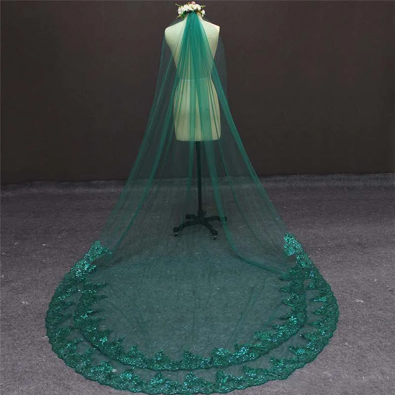 

New Arrival One Layer Sequins Partial Lace Green Tulle Bridal Veil High Quality Wedding Accessories 7017