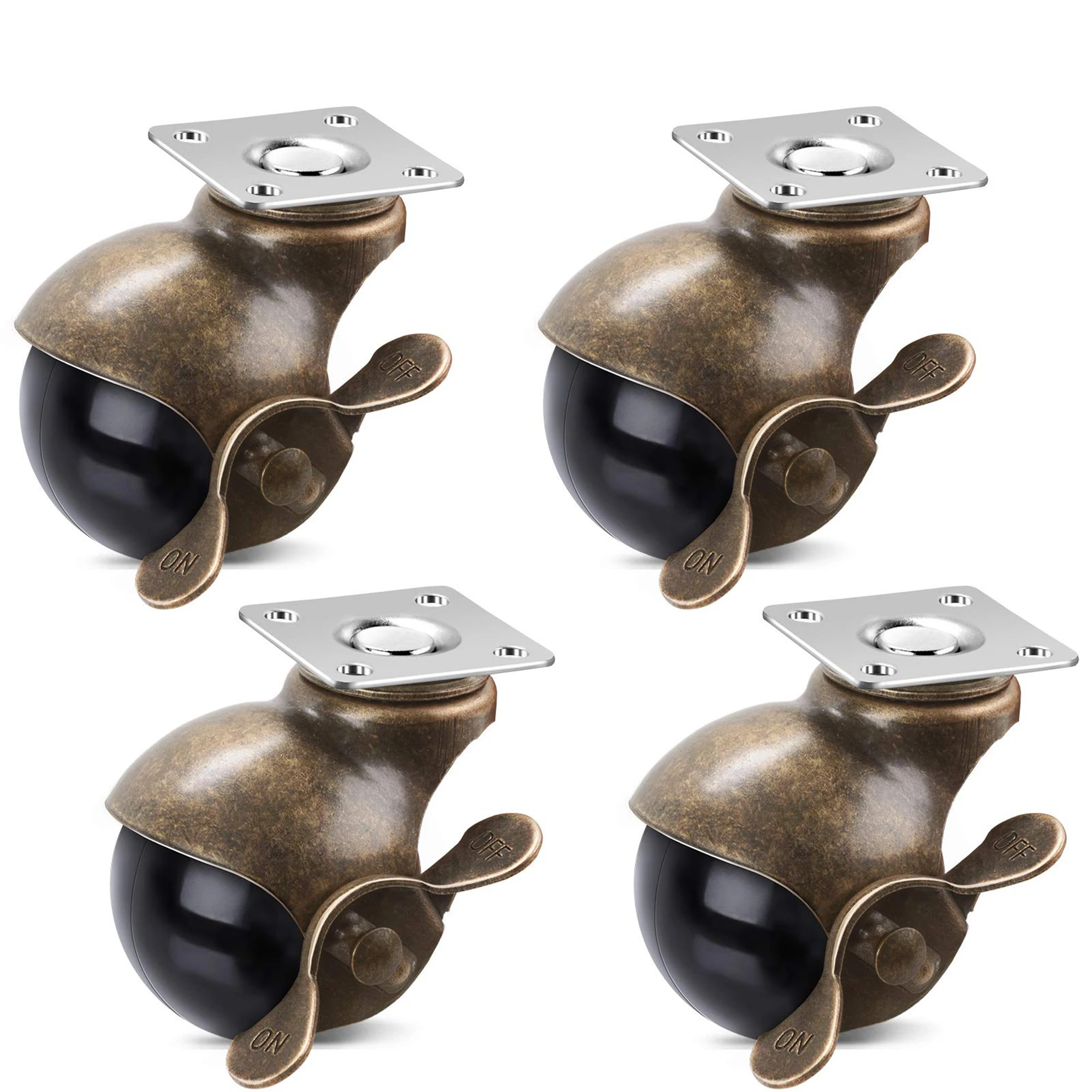 

2 Inches Ball Caster Wheels with Brake 360 Degree Antique Brass Top Plate Casters for Furniture Cabinets Wheelchairs