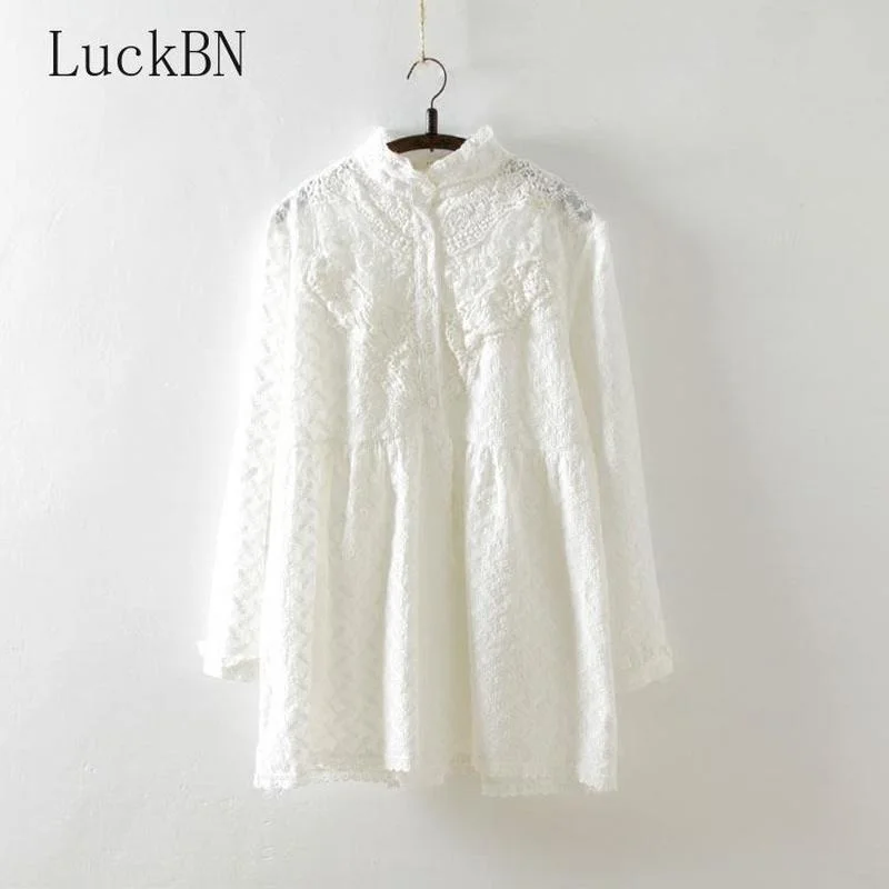

Кружевная белая рубашка с воротником-стойкой и длинными рукавами с цветочной вышивкой, Новинка осени, хлопковая Женская Длинная свободная ...
