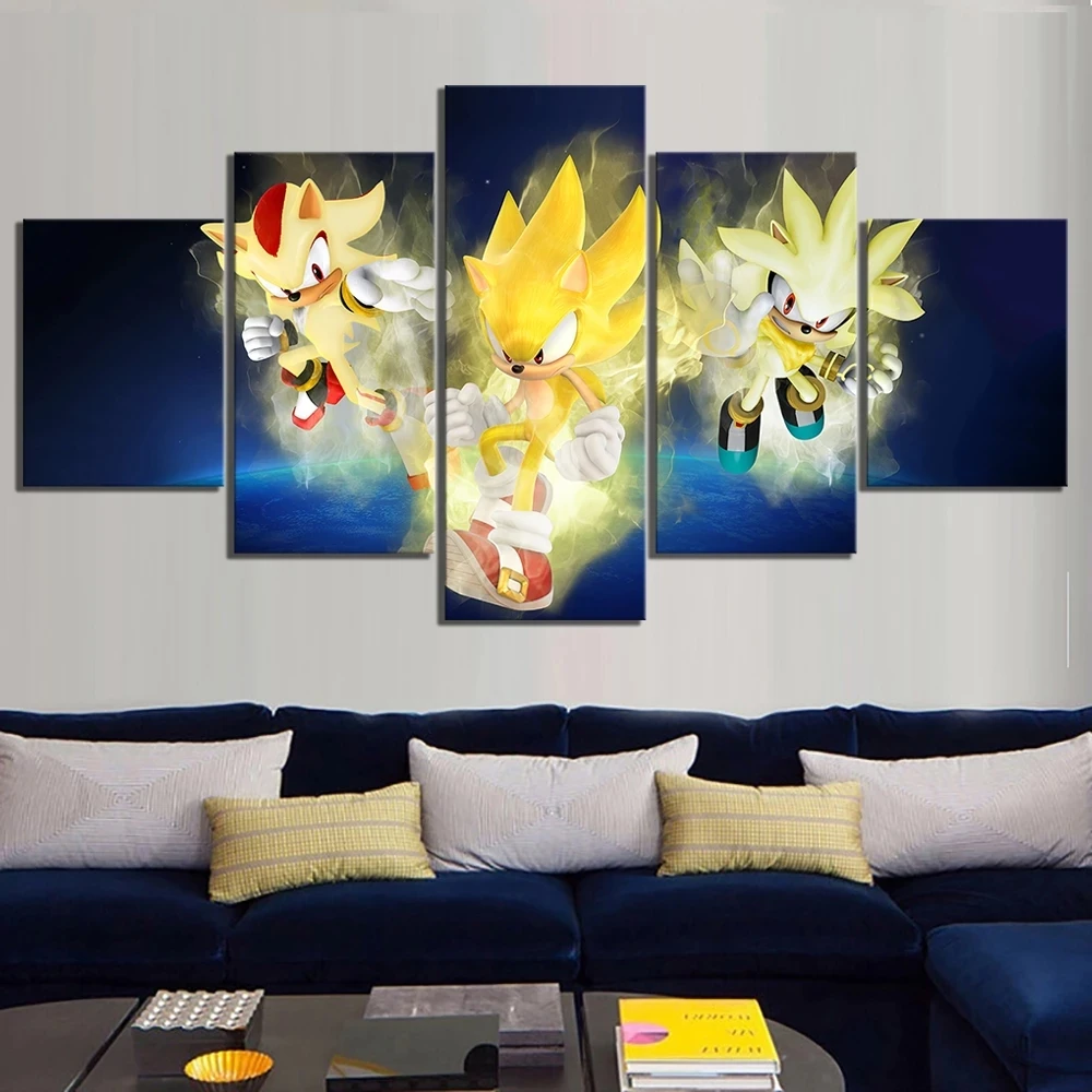 

Canvas Painting 5 Pieces Wall Art Super Sonic Poster Cartoon Pictures Prints Game Role Home Decor For Living Room Modular Framed