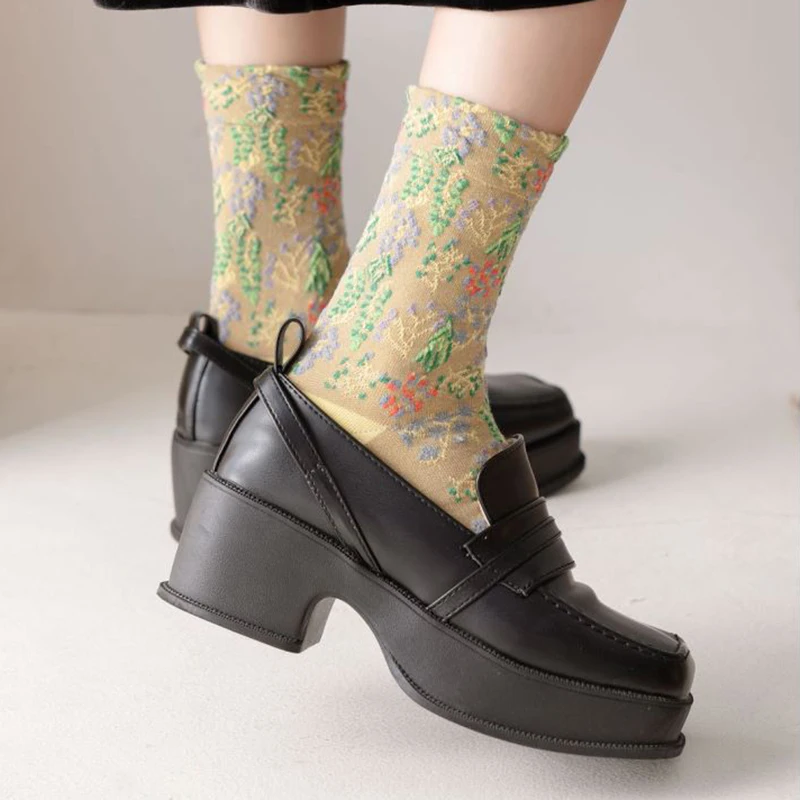 3 Pair Middle Tube Women Socks Set Harajuku Long Winter Warm Socks Cotton Fashion Kawaii Korean Style Print Flower Femme Socken