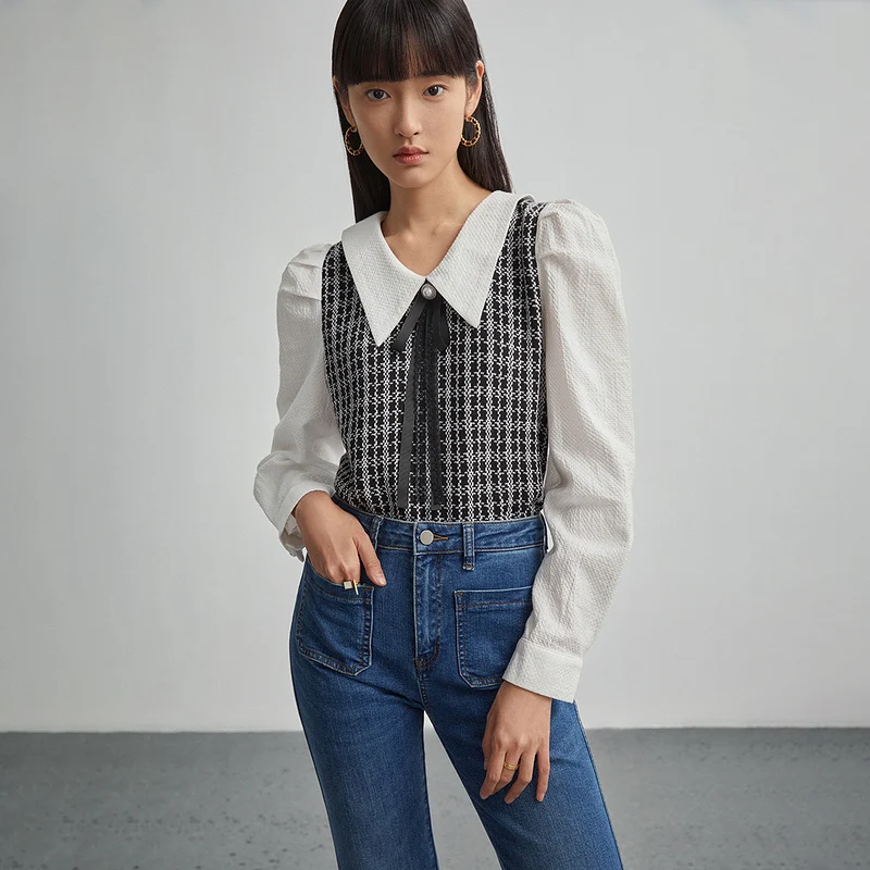 INMAN Spring Autumn Women's Sweater With Bow-Knot Elegant Houndstooth Pullover Sharp Lapel Design Classic Female Top