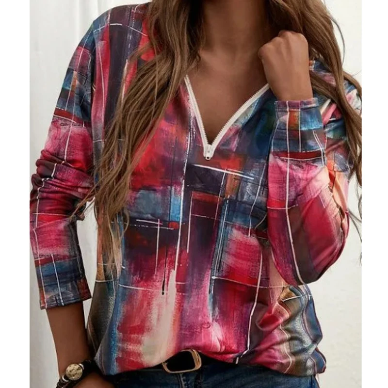 

2021 New Spring Top Plus Size Women Geometry Print T Shirt Long Sleeve Sexy Zipper V-Neck Loose Casual Tee Top Oversized Ladies