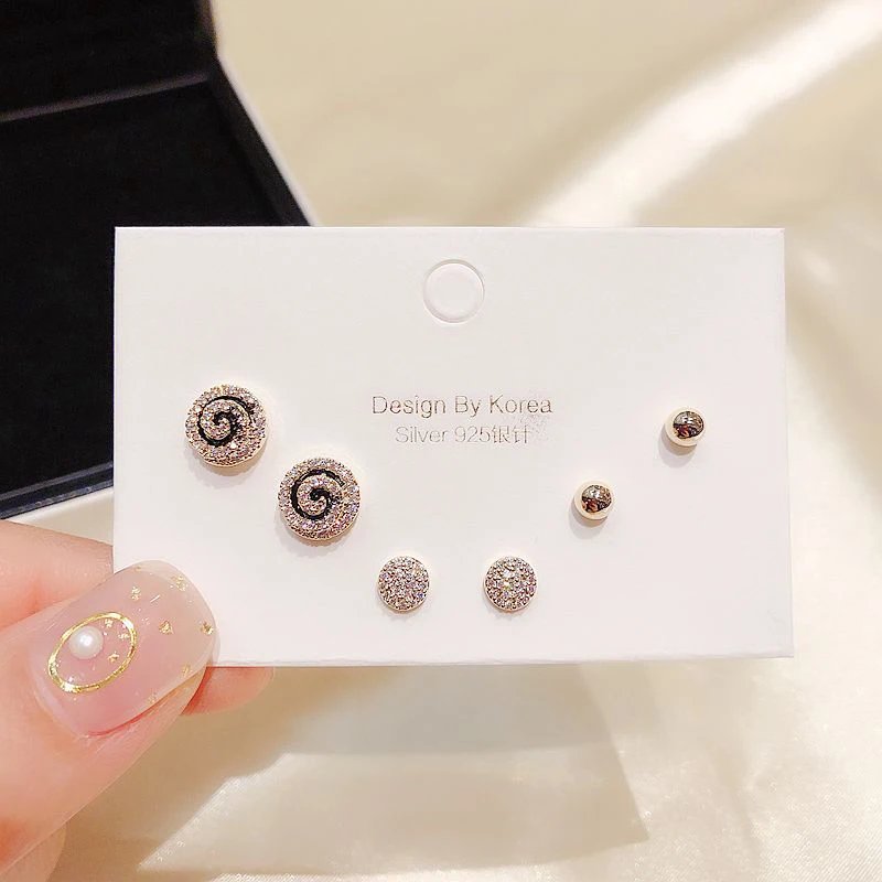 MIGGA 3 Pairs CZ Crystal Paved Round Stud Earrings Set Gold Color Cubic Zircon Women Jewelry | Украшения и аксессуары