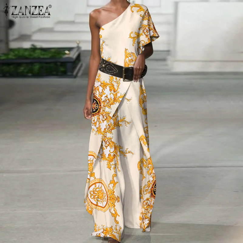 

Women's Printed Jumpsuits Holiday Playsuit ZANZEA 2021 Summer Fashion Off Shoulder Overalls Casual Loose Oversized Party Rompers