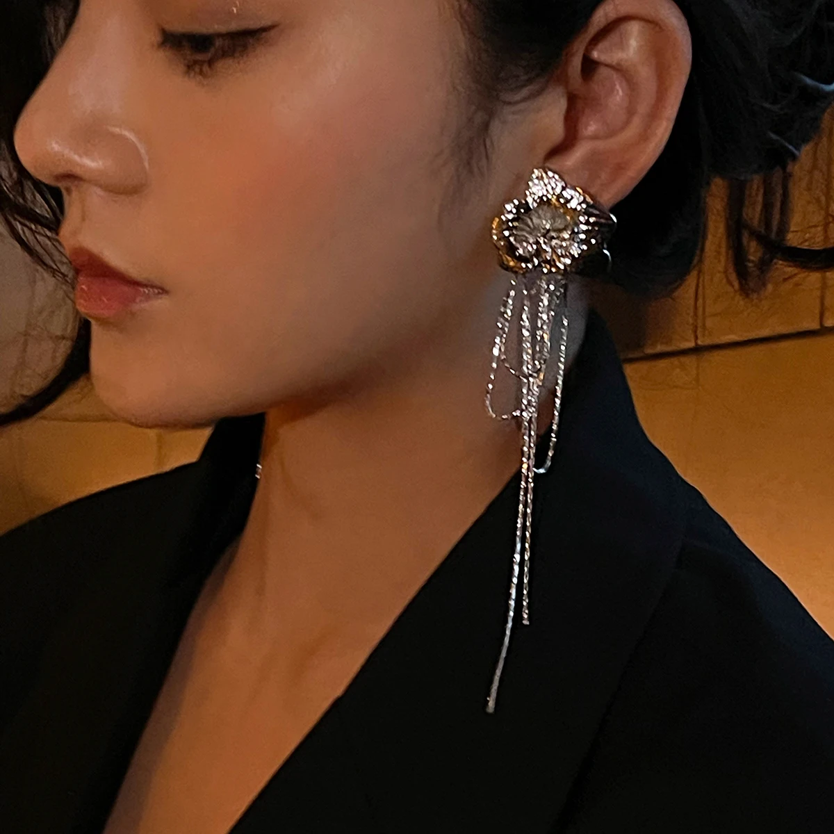 

Elegant Texture Butterfly Orchid Dignified Flowers Long Tassel Silver Pin Earrings Earrings for Women